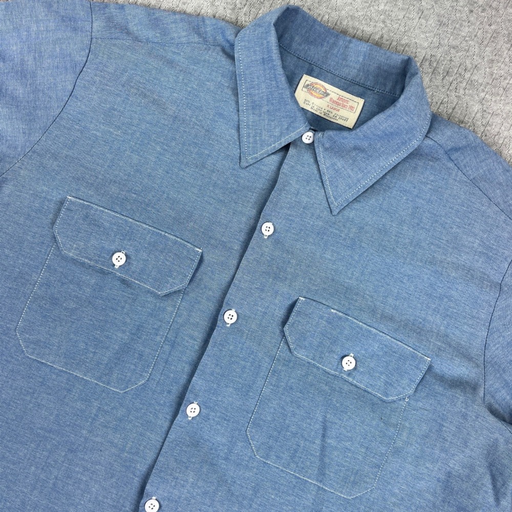 Dickies Chambray Work Shirt Men XL Blue Short Sleeve Button Up Pockets Utility
